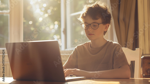 A young boy with glasses on the internet with a laptop computer.