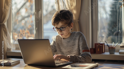 A young boy with glasses on the internet with a laptop computer.