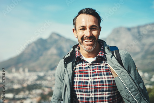Man, portrait and outdoor travel with adventure, smile and eco vacation on the mountains. Fitness, hiking sport and and exercise with climbing, happy and Peru with backpack and nature journey
