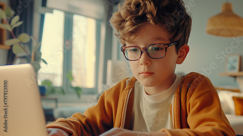 A young boy with glasses on the internet with a laptop computer.