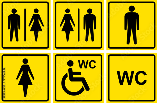 Set of public restroom signs, six stickers with yellow backgrounds.