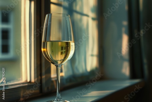 a glass of white wine or champagne. Chiaroscuro from the window. Close-up, copy space. Beautiful simple AI generated image in 4K, unique. © ArtSpree