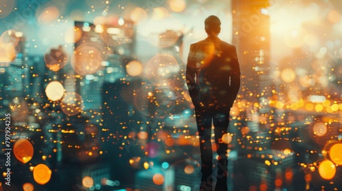 Rear view of businessman standing with his hands in pockets and looking at city with double exposure of network hologram. Concept of hi tech in business.