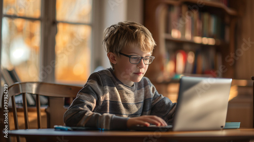 A young boy with glasses on the internet with a laptop computer.