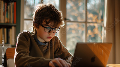 A young boy with glasses on the internet with a laptop computer.