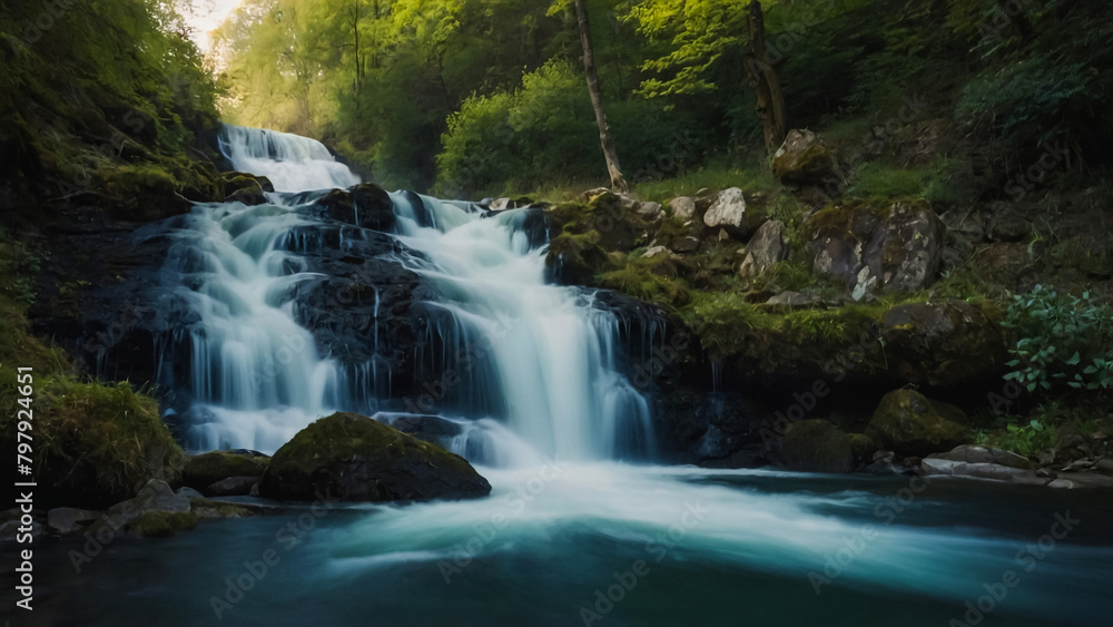 Landscape with river and forest with green trees. Silky crystal water and long exposure. Ordesa Pyrenees.
