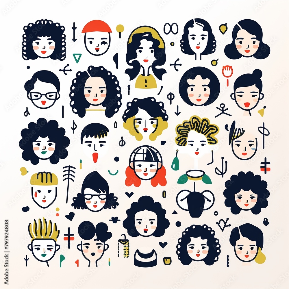 Collection of diverse women icon, simple line drawings, bright vector patterns for design , simple lines drawing Collection of diverse women icon, simple line drawings, bright vector patterns for design , simple lines drawing