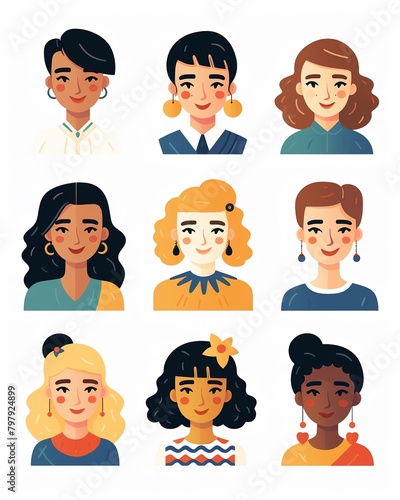 Diversity Faces Vector Series, colorful and simple flat graphic icons for products , flat graphic drawing, white background