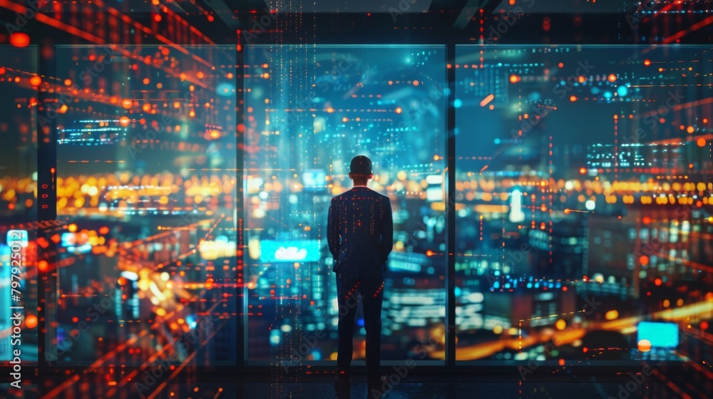 Rear view of young businessman looking at modern city from panoramic office window with double exposure of network interface.