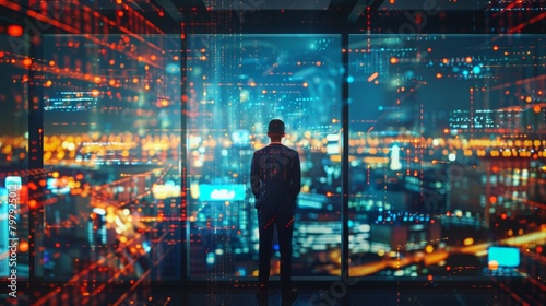 Rear view of young businessman looking at modern city from panoramic office window with double exposure of network interface.