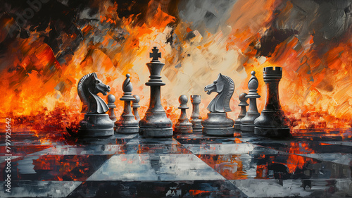 A painting of a chess board with a fire in the background