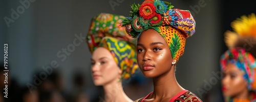 A model with a colorful head wrap and dark skin tone is looking at the camera.