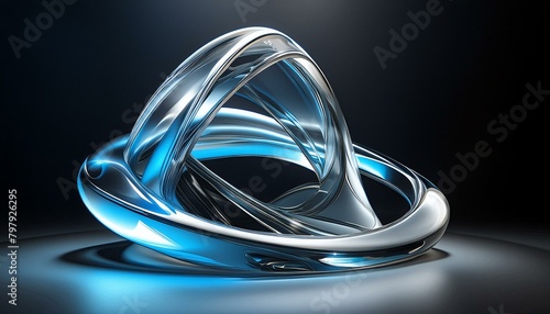 an abstract 3D object with amorphous shapes made of glass, silver and dark blue plastic. Dark background.