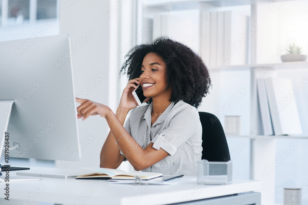 Phone call, office and business with woman, computer and connection with conversation, online reading and communication. Person, employee and insurance consultant with cellphone, pc and planning Phone call, office and business with woman, computer and connection with conversation, online reading and communication. Person, employee and insurance consultant with cellphone, pc and planning
