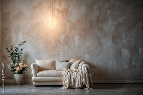 Divano color crema- punto focale di un soggiorno dallo stile antico e moderno photo