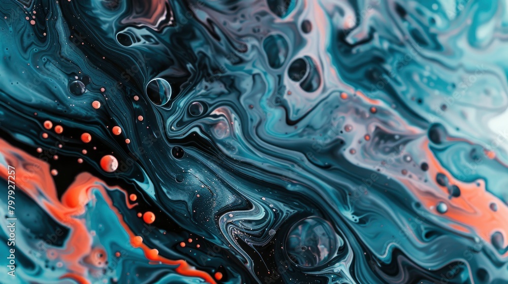 close up of abstract fluid art, light blue and teal paint swirls with peach highlights, red details, dark black lines, high contrast close up of abstract fluid art, light blue and teal paint swirls with peach highlights, red details, dark black lines, high contrast