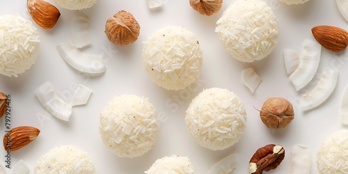 Coconut sweets on white backdrop round white Raffaello balls with almonds with coconut flakes and nut isolated on white background Homemade sweets photo
