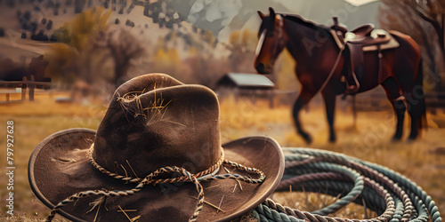  close-up of a cowboy hat and a rope rustic blurred background