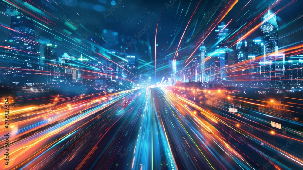 Smart city with speed line glowing light trail surround the city. big data connection technology concept Smart city with speed line glowing light trail surround the city. big data connection technology concept