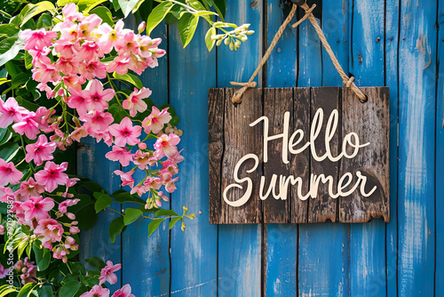 "hello Summer" sign surrounded by flowers, summer background