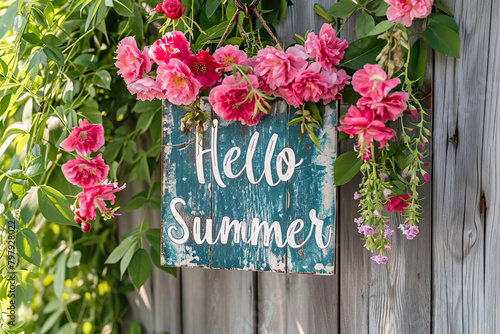 "hello Summer" sign surrounded by flowers, summer background