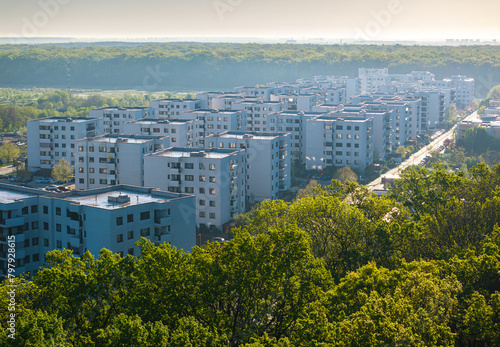 Greenfield Bucharest. Aerial view of this new residential complex with modern apartments next to Baneasa forest in Bucharest, Romania, during a sunny spring morning. Residential construction industry. photo
