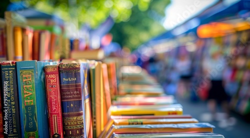 Side close up view of row of books at an open-air fair