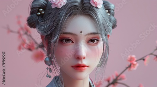 3D avatar of the goddess of love and beauty, silver hair in two buns with flowers on head, pale pink background, beautiful eyes, pale skin