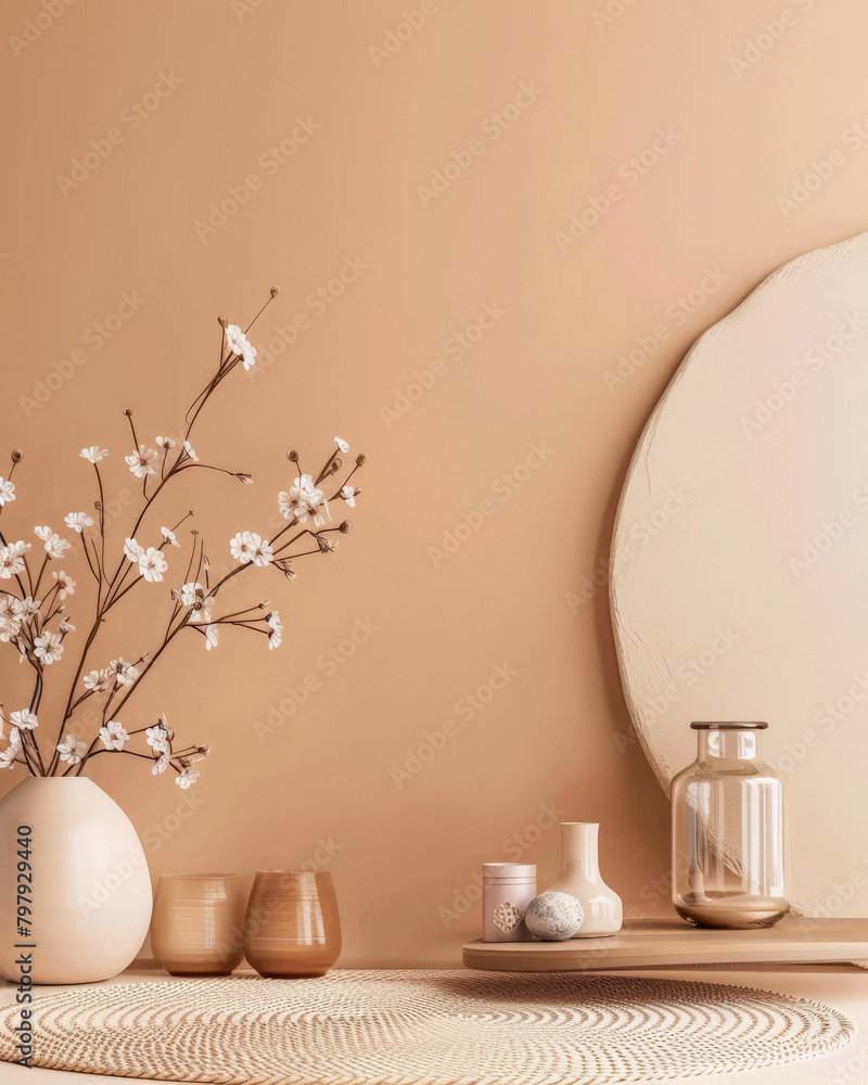Serene interiors with zen elements in a minimalistic room composition. Copyspace for text, meditation inviting image in peach color. Serene interiors with zen elements in a minimalistic room composition. Copyspace for text, meditation inviting image in peach color.
