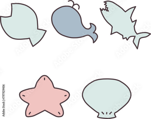 海をイメージした、魚や貝などのシンプルな可愛い形のフレームセット