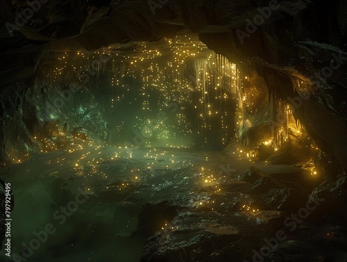 A dark cave with glowing mushrooms.