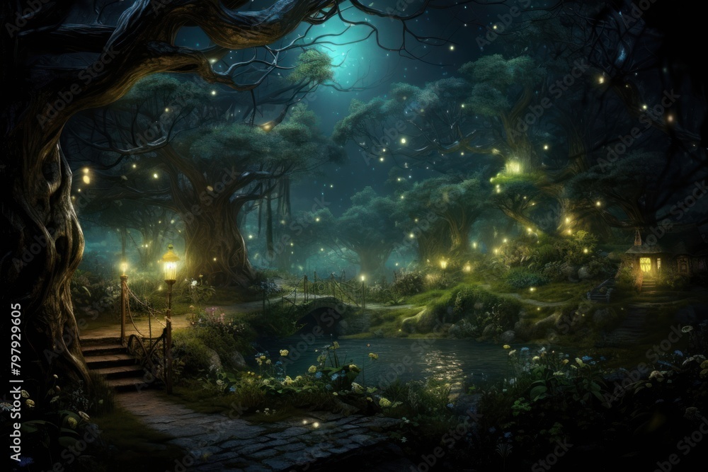 Magical forest night outdoors fantasy.