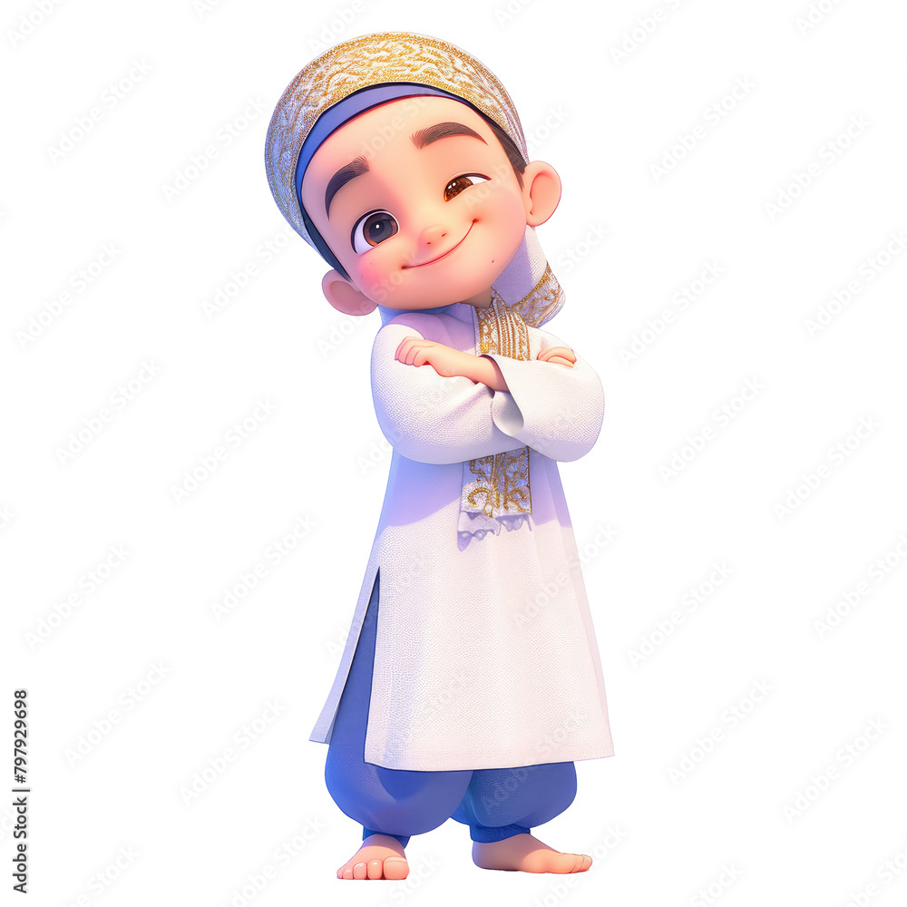 A cartoon character representing an Asian Muslim man is depicted with a beaming smile arms crossed and eyes gazing upward He is dressed in traditional attire for Eid al Fitr standing against A cartoon character representing an Asian Muslim man is depicted with a beaming smile arms crossed and eyes gazing upward He is dressed in traditional attire for Eid al Fitr standing against