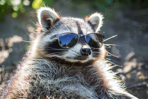 A raccoon embracing the sun's rays, its sunglasses providing a shield from the brightness.