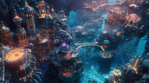 An underwater city built of coral and other sea life with a giant squid like creature swimming above it