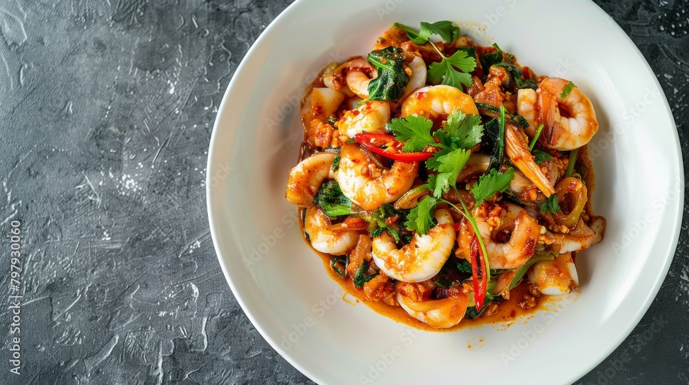 Stir Fried Squid with Curry Powder in white plate ,(pla muk pad pong karee),Thai Food.Top view Stir Fried Squid with Curry Powder in white plate ,(pla muk pad pong karee),Thai Food.Top view