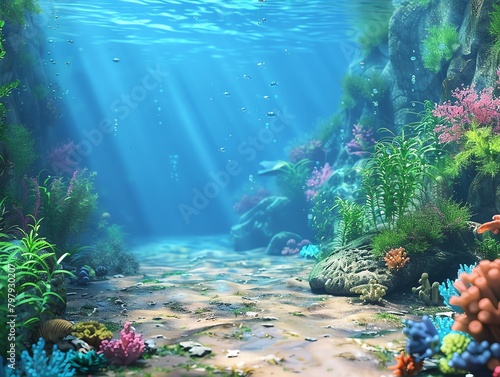 Illustrate an enchanting underwater scene showcasing the magnificent coral reefs elastin nature in a photorealistic style with a dreamy depth of field effect that transports viewer photo