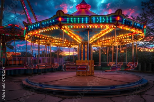 An empty carousel at an amusement park at night. The sky is dark and there are no people around. The carousel is lit up by its own lights.