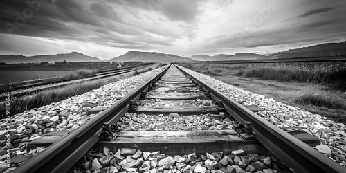 Close up of railway leading lines tracks perspective journey ahead black white sky cloud background