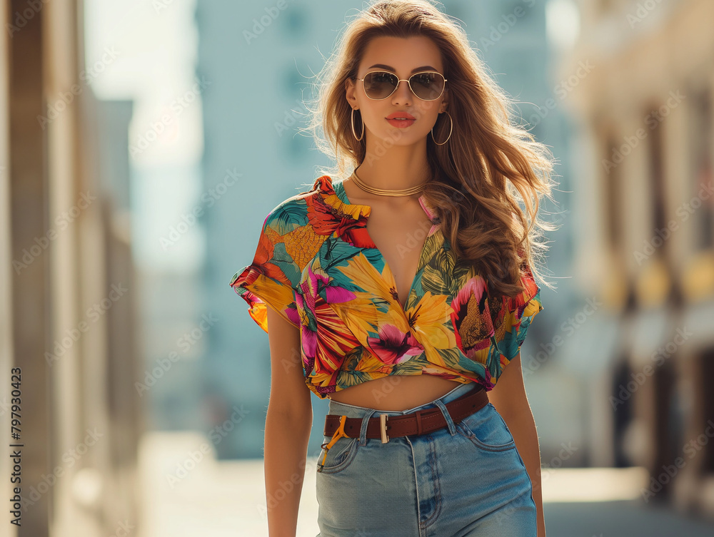  A stylish woman in a vibrant floral top and denim strides confidently on a sunny street.