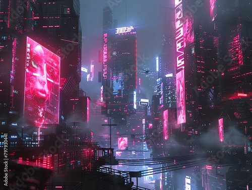 Render a cyberpunk-inspired cityscape where skyscrapers morph into intricate hair mask designs upon closer inspection, fusing futuristic elements in a captivating zoom display