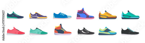 PNG, Sportwear sneaker, everyday footwear clothing isolated on white background. Collection sneakers and shoes for sport in flat style. Shoes icons set. High and low keds. Vector illustration