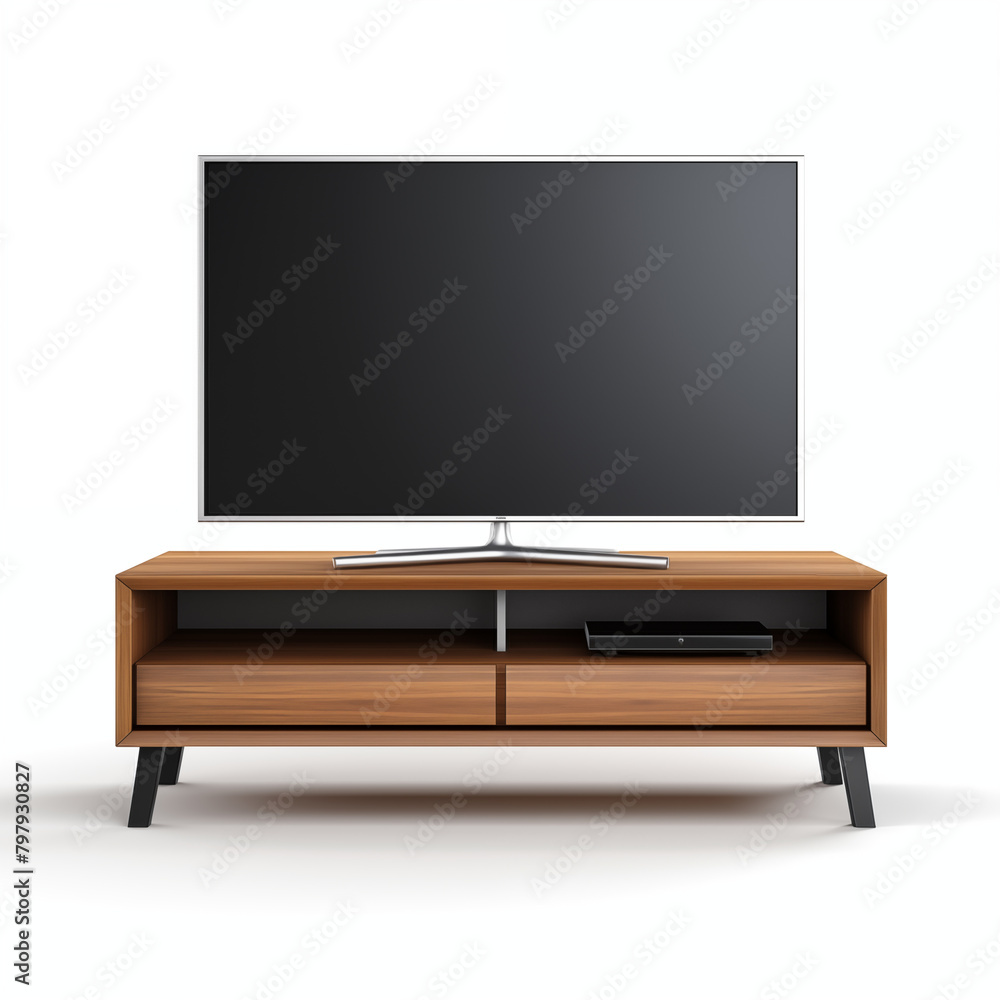 Stylish wooden TV stand with a flat screen TV on top of it There are two drawers in the TV stand and a DVD player on the right side Stylish wooden TV stand with a flat screen TV on top of it There are two drawers in the TV stand and a DVD player on the right side