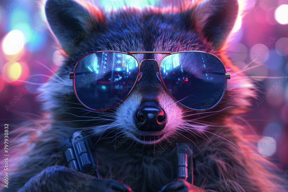 A raccoon embracing the urban vibe, its sunglasses blending seamlessly with its surroundings.