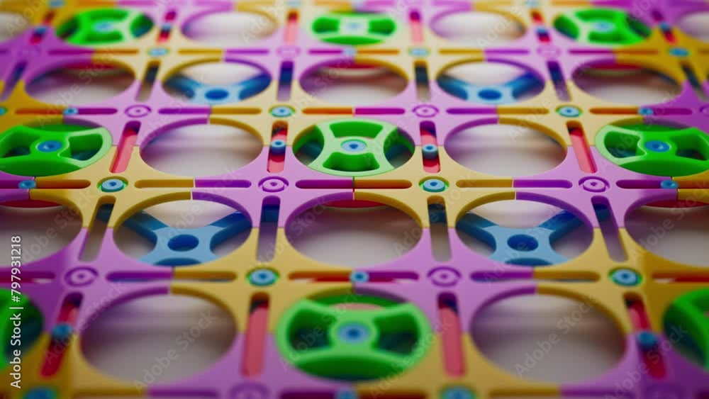 Looping animation of a group of colorful children plastic geometric shapes. Looped movement. Close-up. Defocus