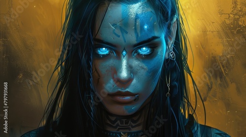 A beautiful woman with glowing blue eyes, her long and ornate hair has tribal tattoos symmetrically designed on her face