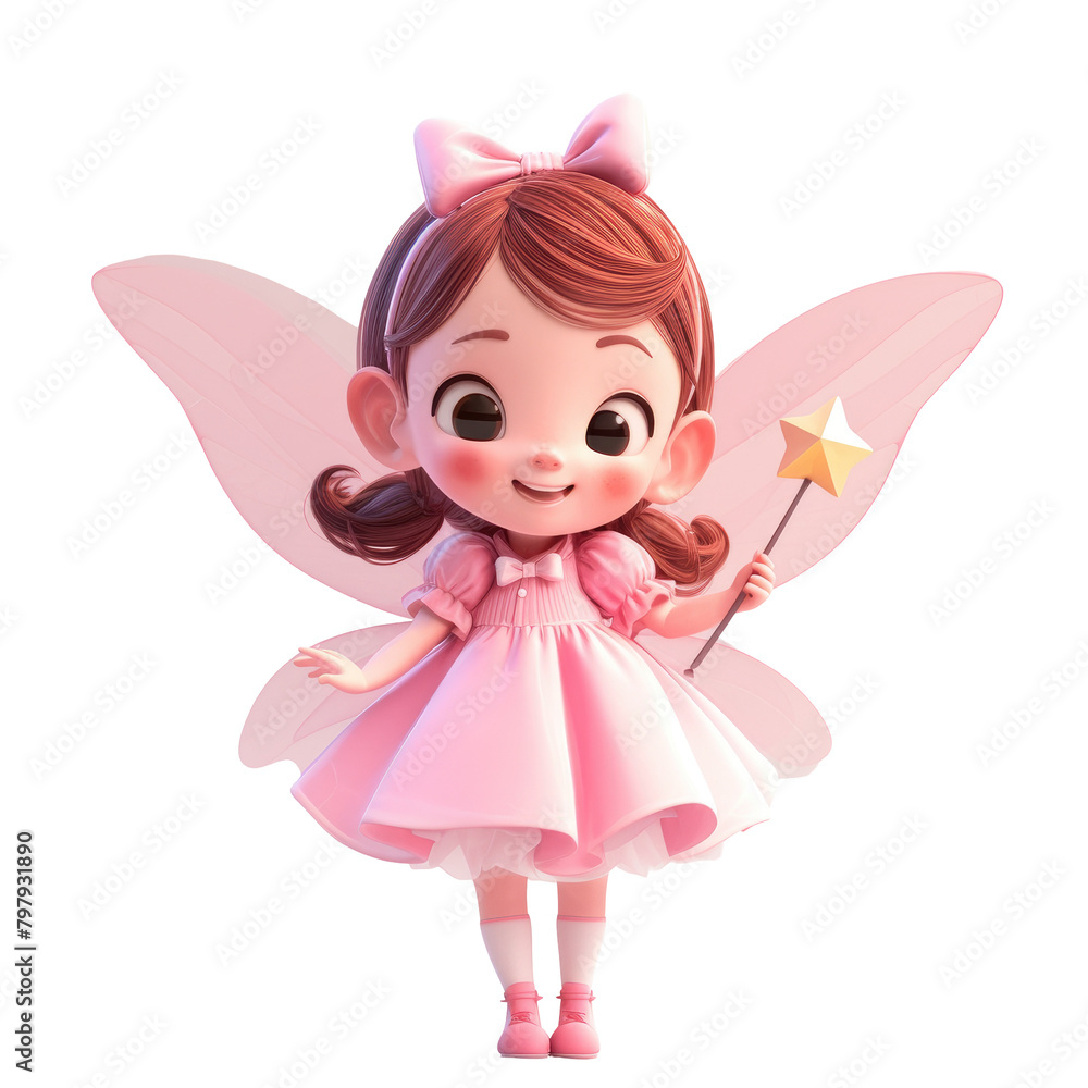 On a pristine transparent background a charming stylized cartoon character comes to life a sweet little girl dressed in a fairy costume complete with pink wings and a magical wand On a pristine transparent background a charming stylized cartoon character comes to life a sweet little girl dressed in a fairy costume complete with pink wings and a magical wand