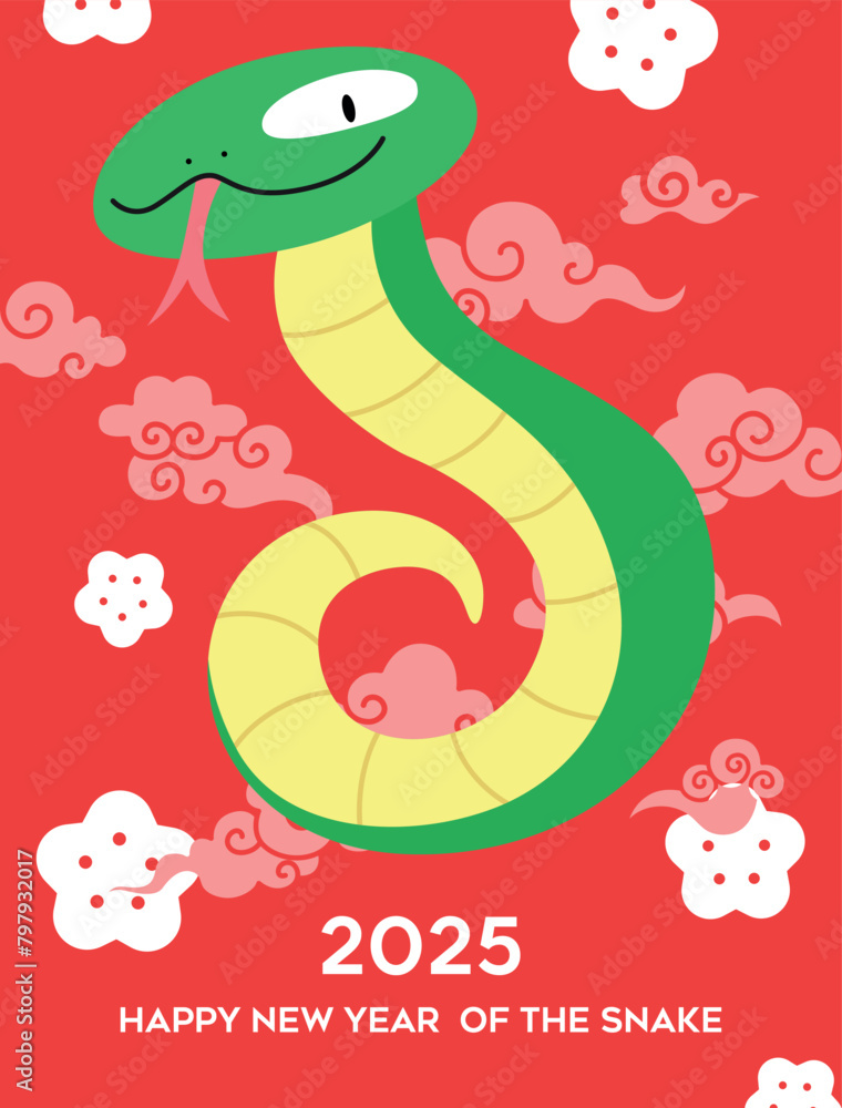 Chinese new year of the snake 2025 greeting card. Funny cartoon snake on auspicious clouds pattern with plum blossoms. Cute zodiac snake sticking its tongue out. Chinese new year of the snake 2025 greeting card. Funny cartoon snake on auspicious clouds pattern with plum blossoms. Cute zodiac snake sticking its tongue out.
