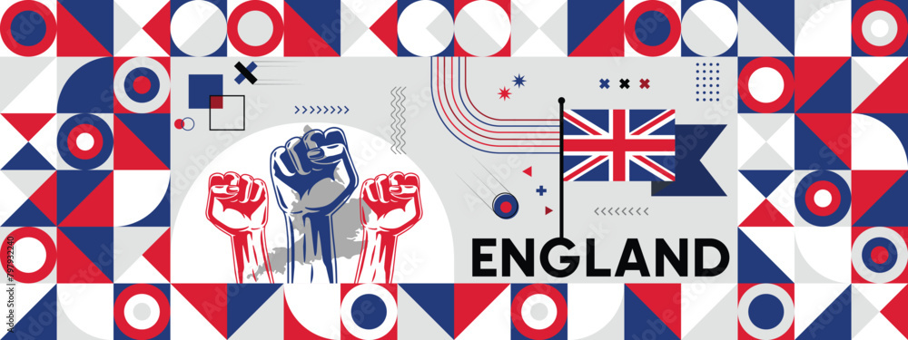 Flag and map of England with raised fists. National day or Independence day design for Counrty celebration. Modern retro design with abstract icons. Vector illustration. Flag and map of England with raised fists. National day or Independence day design for Counrty celebration. Modern retro design with abstract icons. Vector illustration.