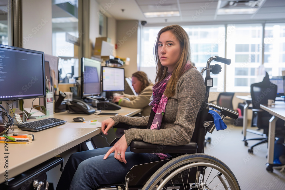Obraz premium Woman in a wheelchair streamlining office procedures